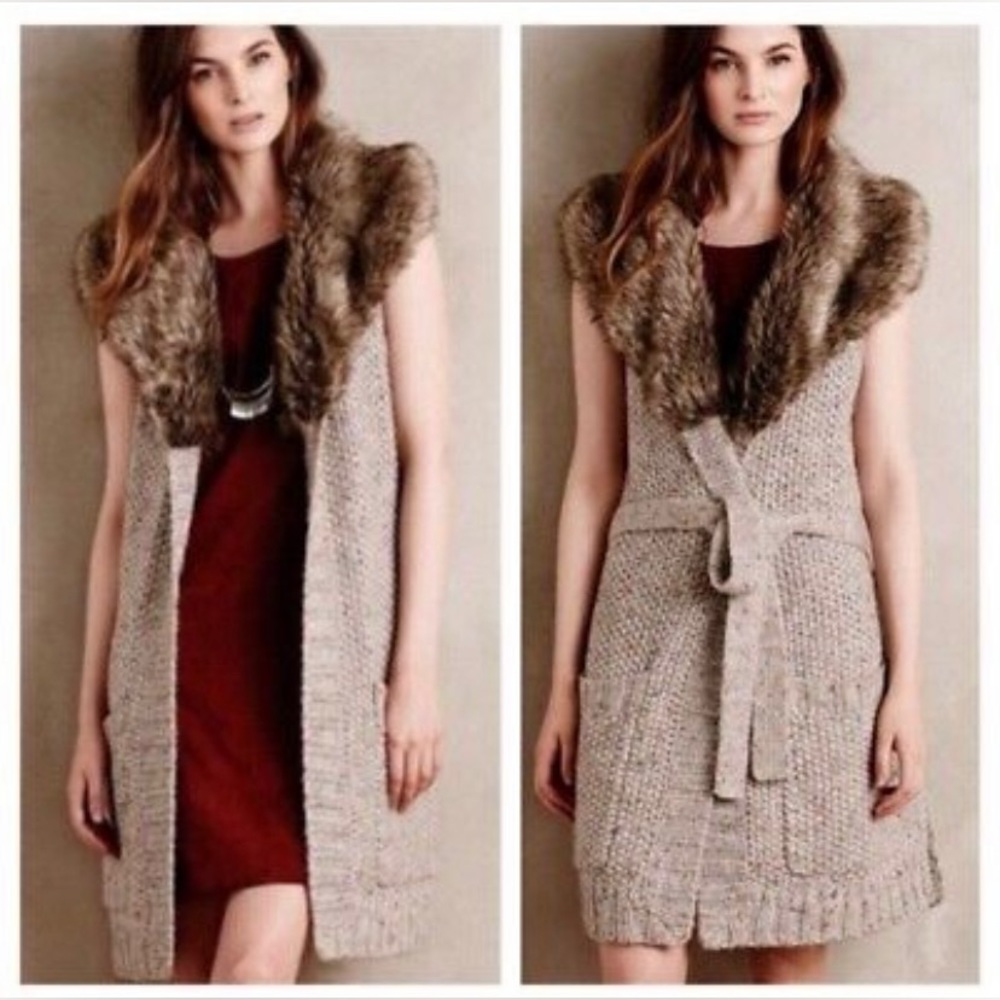 Anthropologie Angel of the North Faux Fur Collared Sweater Vest